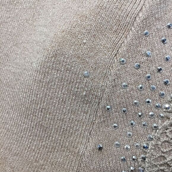 Blush pink taupe knit sweater with rhinestones and embroidery sleeve v neck XL - Picture 7 of 10